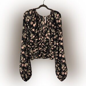 Free People Black Floral Ruched Blouse Size Large Sheer Boho Top
